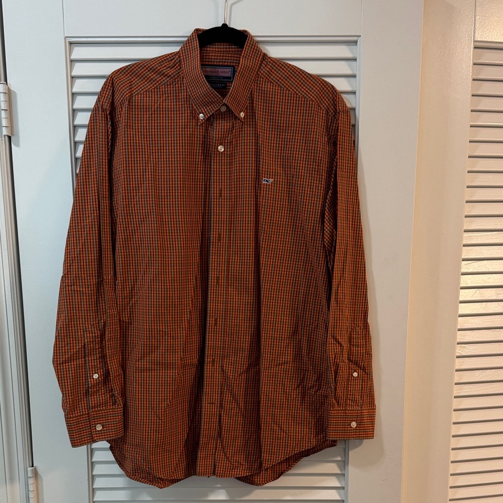 Vineyard Vines Men's Orange and Black Checkered Shirt